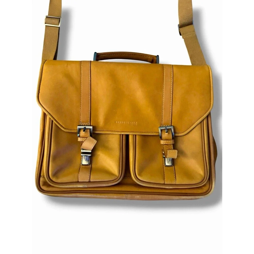 KENNETH COLE New York Tan Leather Messenger Laptop Travel Shoulder Bag Brief Vtg